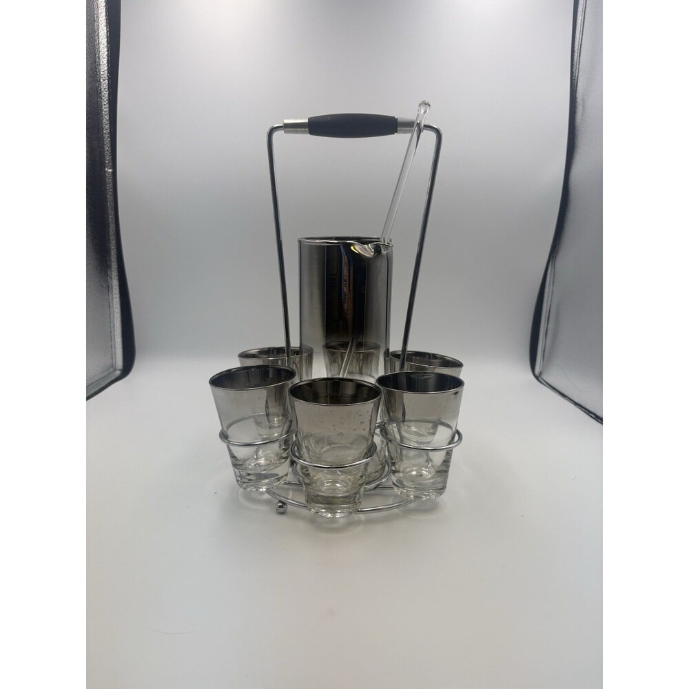 Vintage Silver Fade Pitcher With Cocktail Glasses and Holder